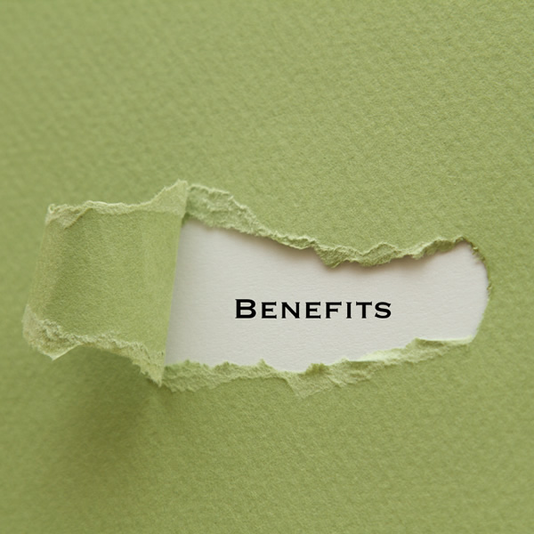 Black text on a green background saying Benefits