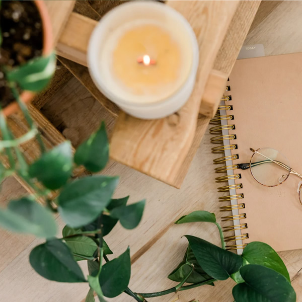 An ivy plant, candle, diary and glasses on a table